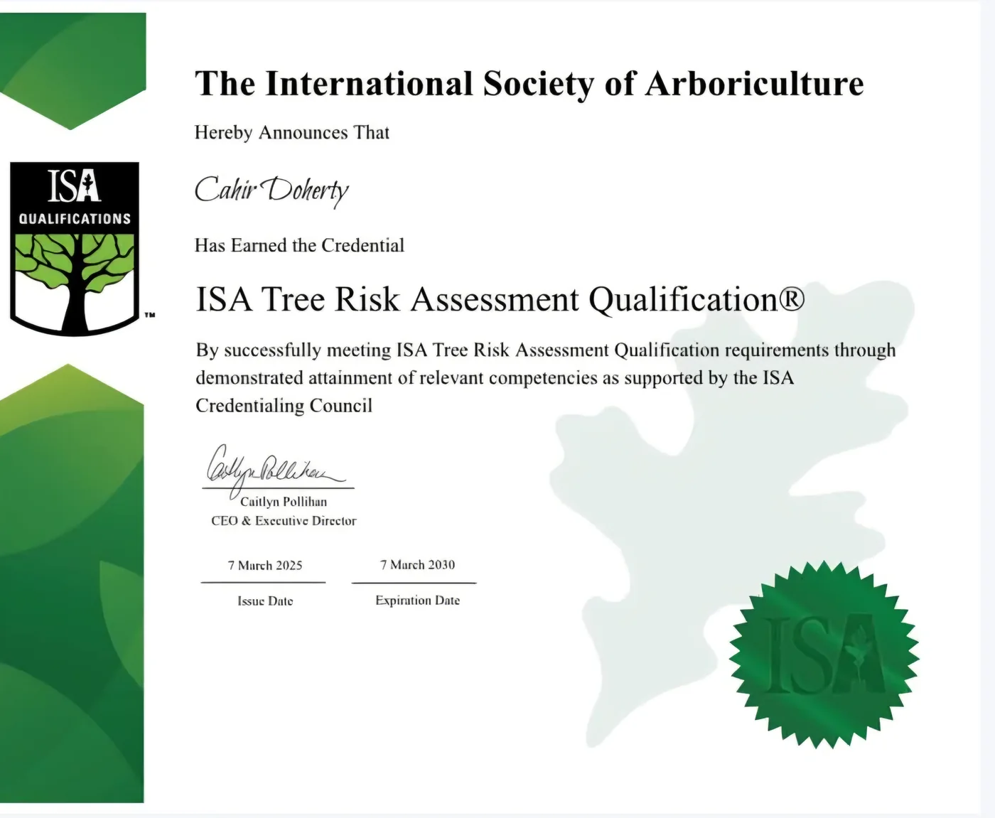 ISA Tree Risk Assessment Qualification Certificate