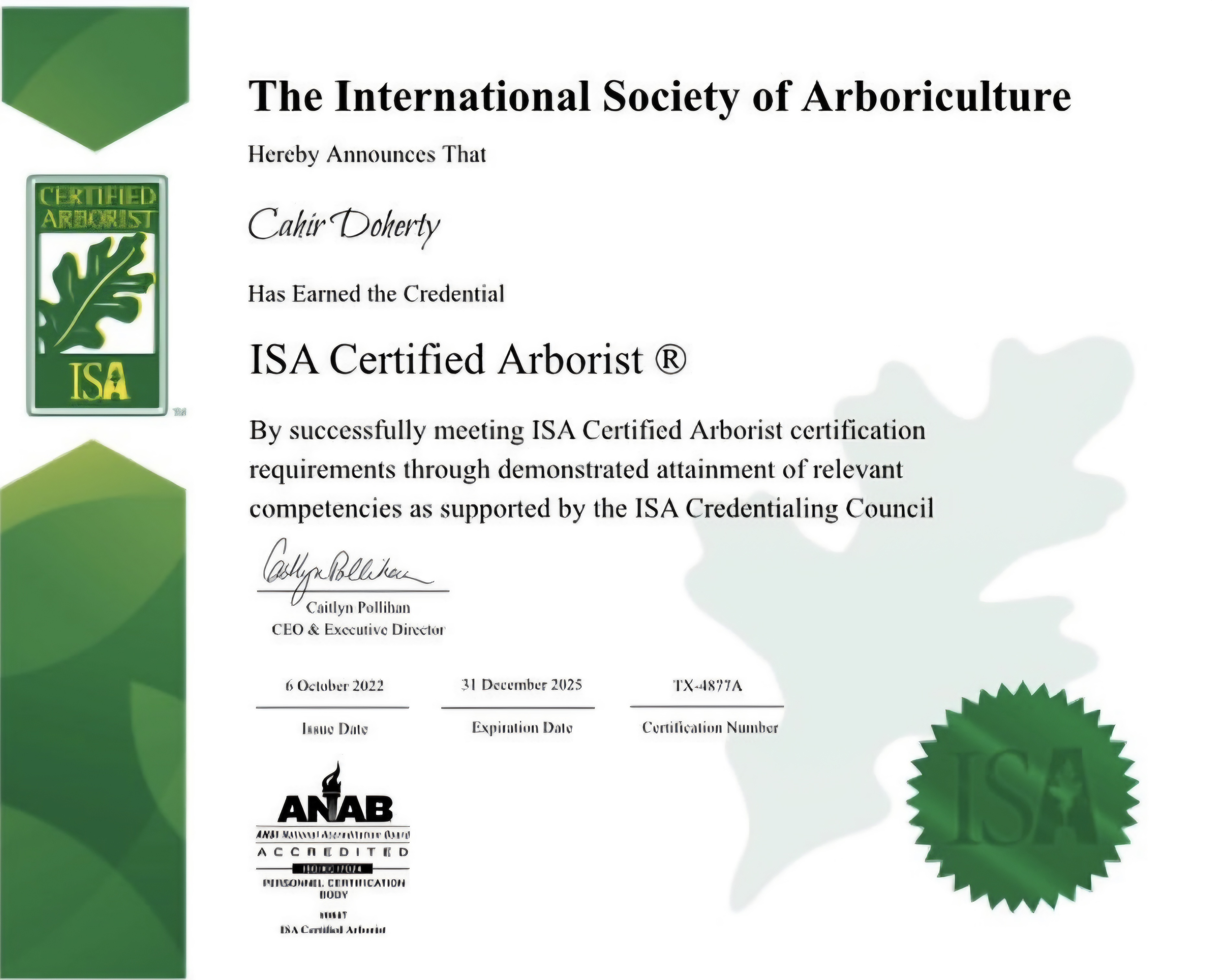 ISA Certified Arborist Certificate
